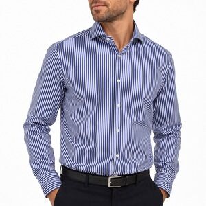 Emanuel Berg Dress Shirt Men 16 M/L Blue White Stripe Modern Fit Business Luxury